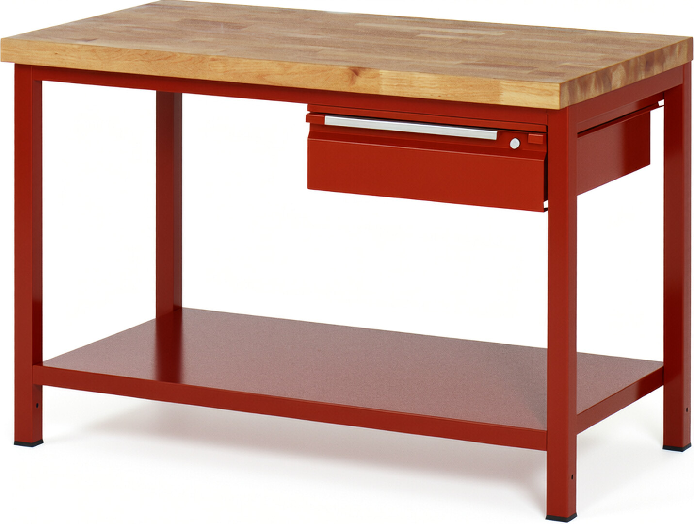 Werkbank rot, BxTxH 1250x700x840-1040 mm, Platte Buche 40 mm, inkl. Stahlblech-Ablageboden, 1x 150 mm Hängeschublade, RAL 3000/3000