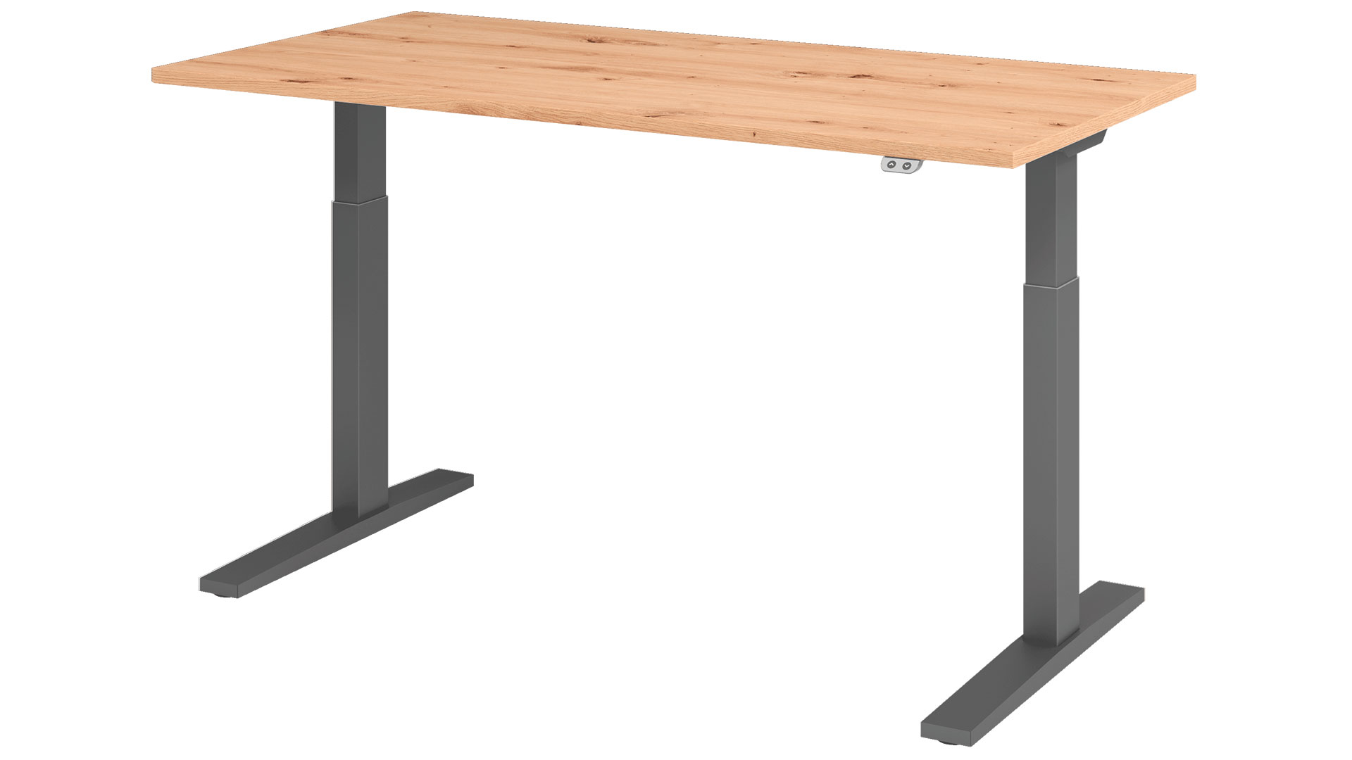 Schreibtisch, elektrisch höhenverstellbar, BxTxH 1600x800x700-1200 mm, C-Fuß in graphit, Platte asteiche