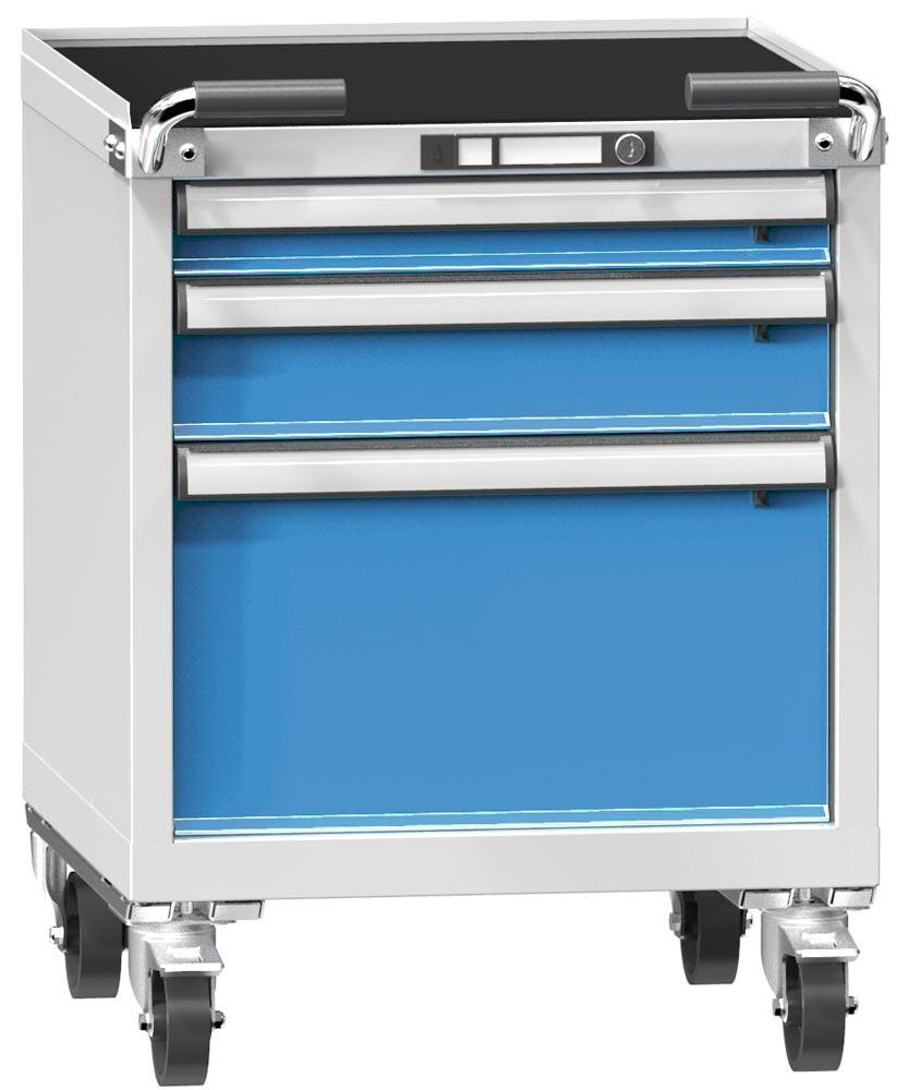 Schubladenschrank, Mobiler Container, 3 Schubladen: 1x75, 1x125, 1x300 mm, BxTxH 578x600x785 mm, Rollendurchm. 100 mm, RAL 7035/5012