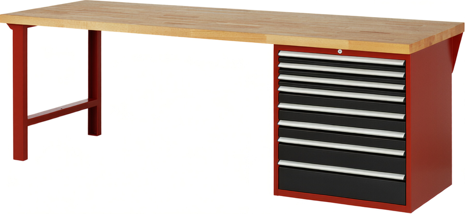 Werkbank Modell 7619 rot - schwarz, BxTxH 2500x900x890 mm,  Buche-Massiv Arbeitsplatte 40 mm,  8 Schubladen mit  Auszug 90 %