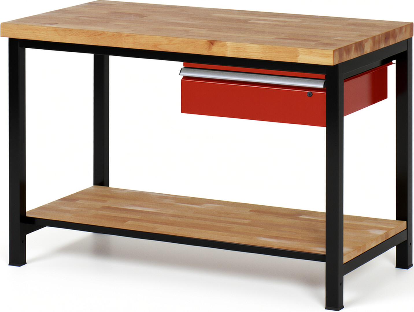 RAU Werkbank schwarz - rot - Breite 125 cm - Tiefe 70 cm - Höhe 104 cm - Buche-Massiv Arbeitsplatte 40 mm