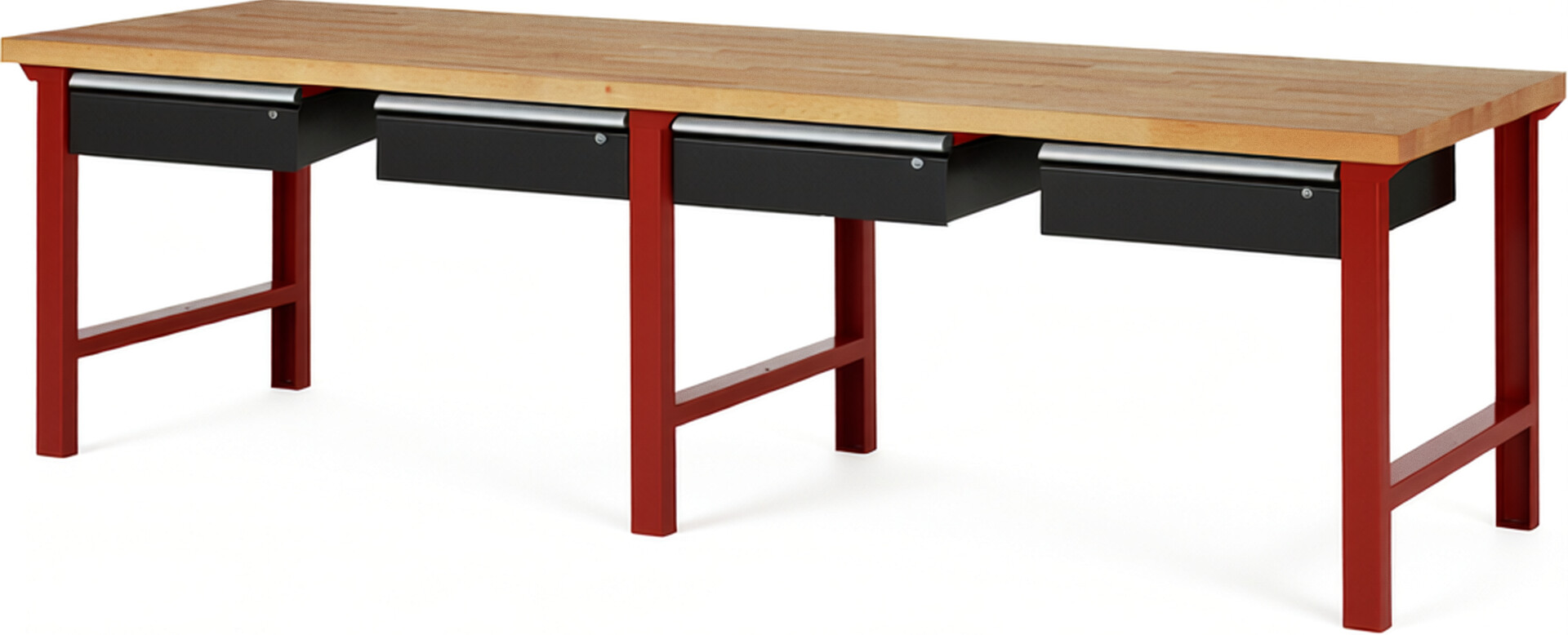 Werkbank Modell 7002 rot - schwarz, BxTxH 3000x900x840 mm,  Buche-Massiv Arbeitsplatte 40 mm,  4 Schubladen mit  Auszug 90 %