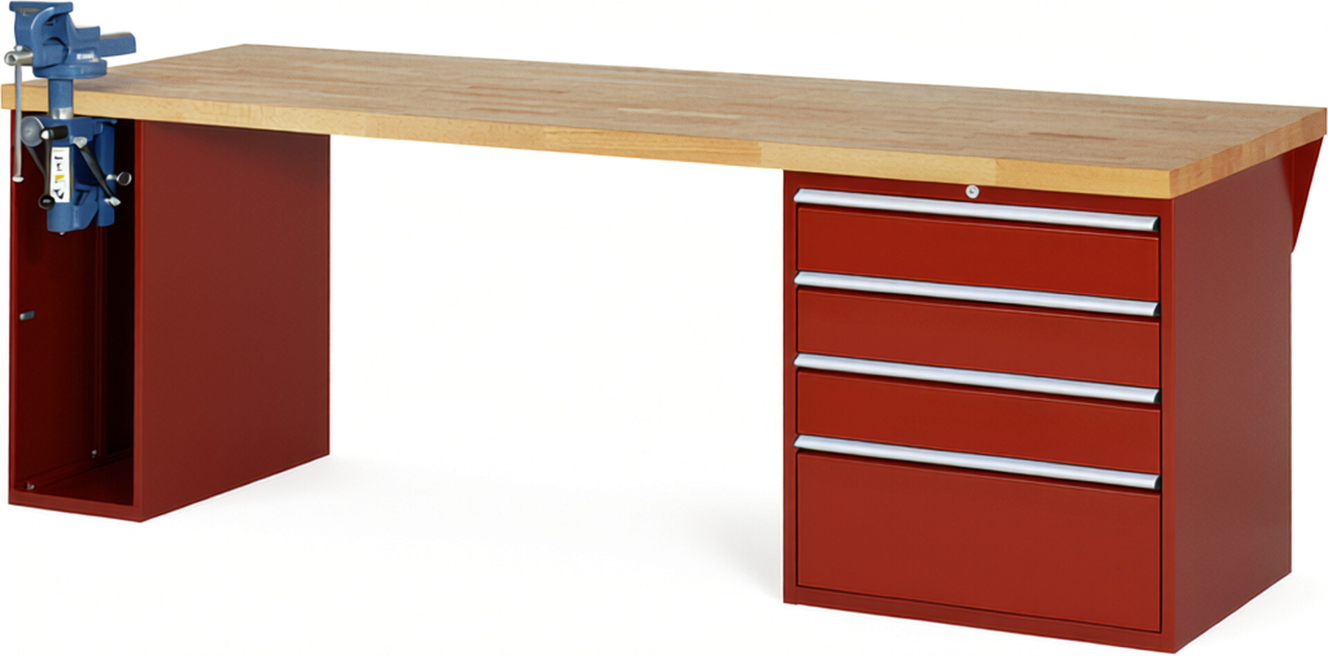 RAU Werkbank rot - Breite 250 cm - Tiefe 90 cm - Höhe 84 cm - Buche-Massiv Arbeitsplatte 40 mm