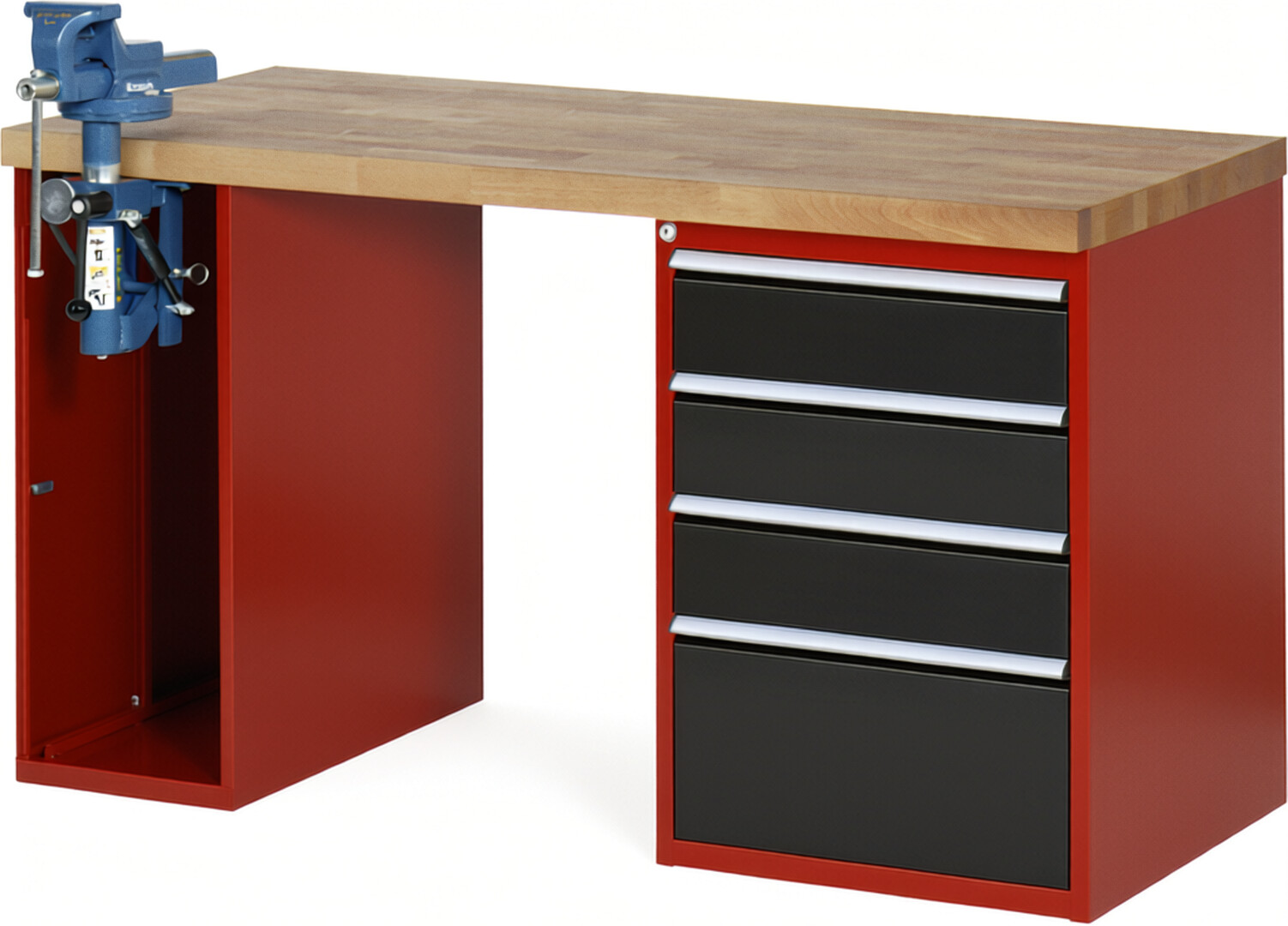 Werkbank Modell 7510 rot - schwarz, BxTxH 1500x700x890 mm,  Buche-Massiv Arbeitsplatte 40 mm,  4 Schubladen mit  Vollauszug 100 % und  SoftClosing