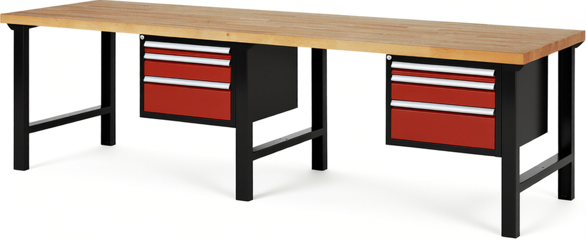 Werkbank Modell 7126 schwarz-rot, BxTxH 3000x900x840 mm,  Buche-Massiv Arbeitsplatte 40 mm,  6 Schubladen mit  Vollauszug 100 % und  SoftClosing