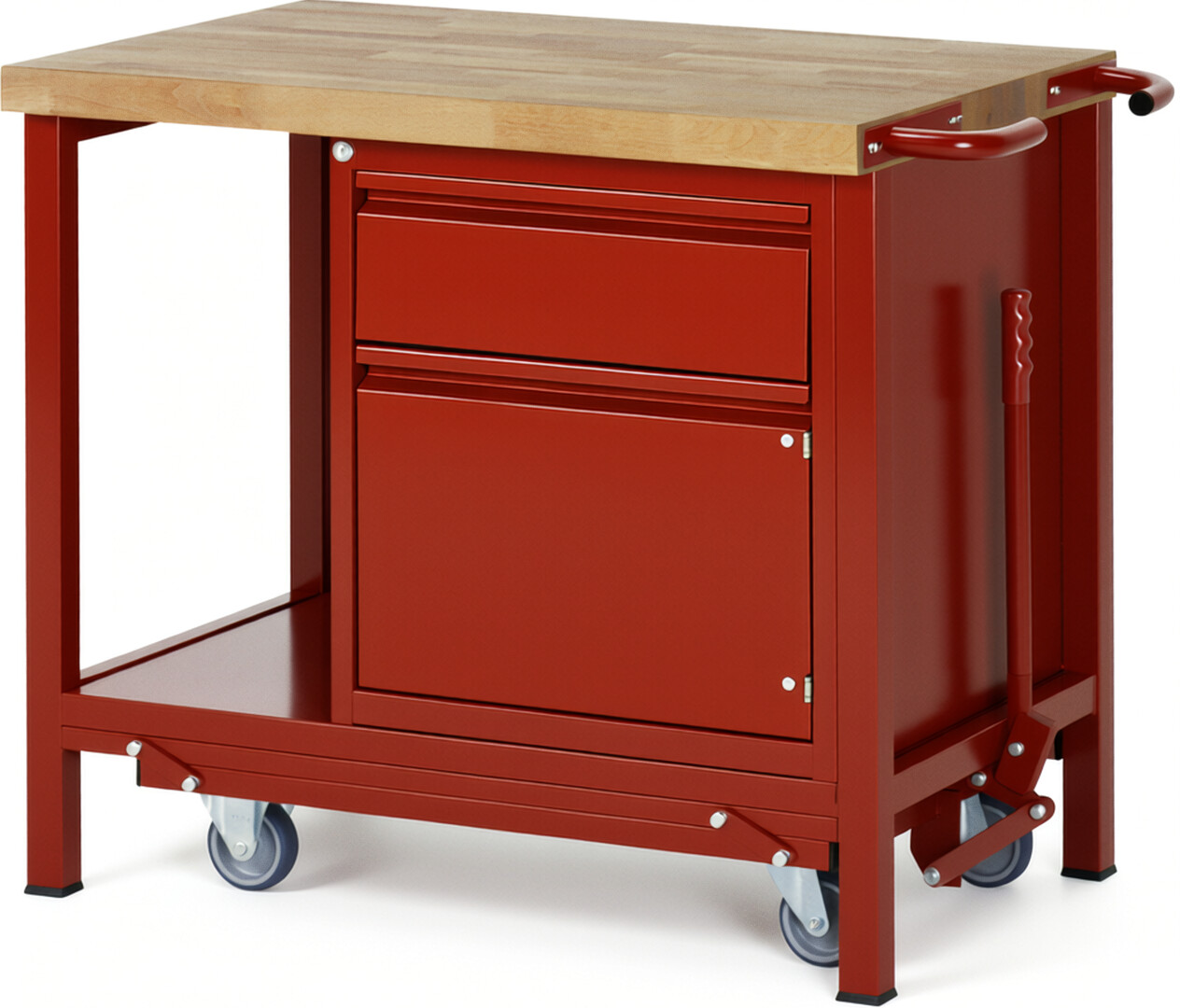 Absenkbare Werkbank - Modell 8152 BASIC rot, BxTxH 1000x700x880 mm,  Buche-Massiv Arbeitsplatte 40 mm,  1 Schublade mit  Auszug 90 %