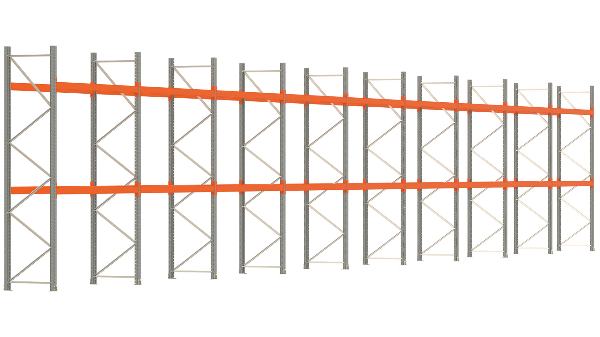 Palettenregal ARTUS - Breite 2515 cm - Höhe 350 cm - Tiefe 80 cm - 2 Träger-Ebenen - max. Fachlast 2100 kg - 54 Palettenstellplätze