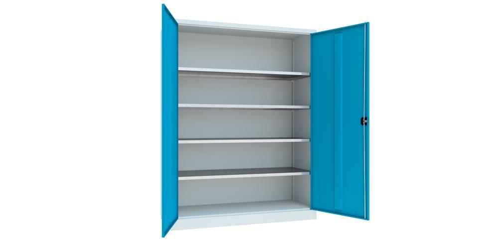Flügeltürenschrank - Vollblechtüren - 1.950x1.500x600 mm (HxBxT) - 4 Einlegeböden verzinkt - Zylinderschloss - lichtgrau/himmelblau