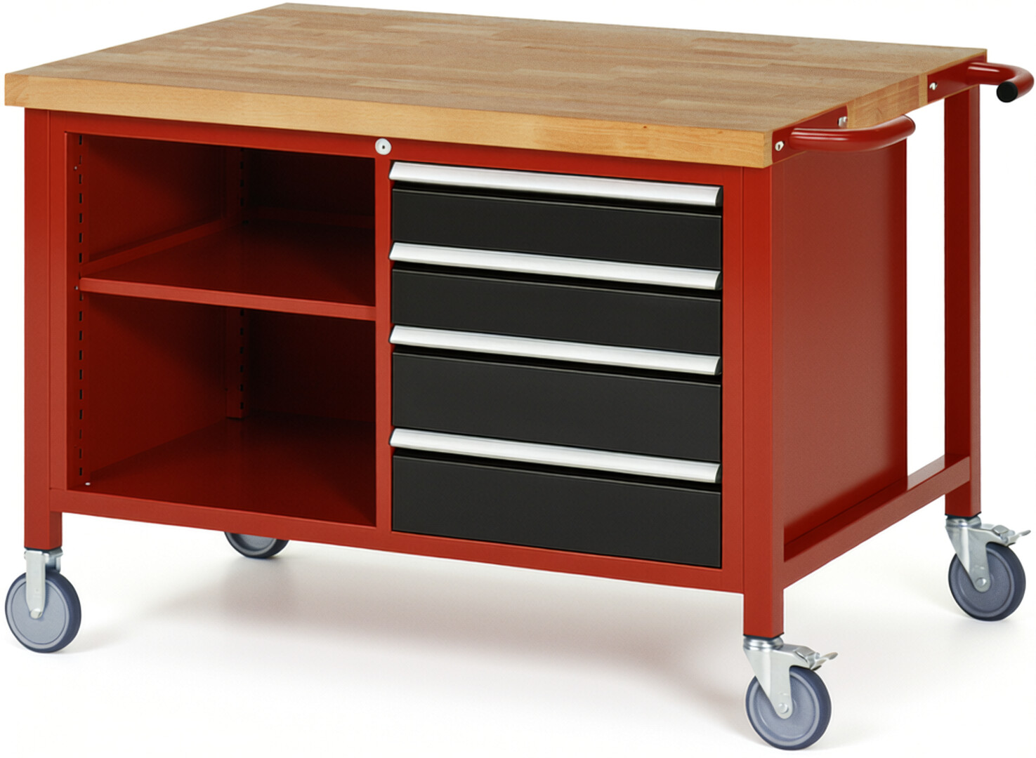 Fahrbare Werkbank Modell 8463 rot - schwarz, BxTxH 1250x900x880 mm,  Buche-Massiv Arbeitsplatte 40 mm,  4 Schubladen mit  Auszug 90 %