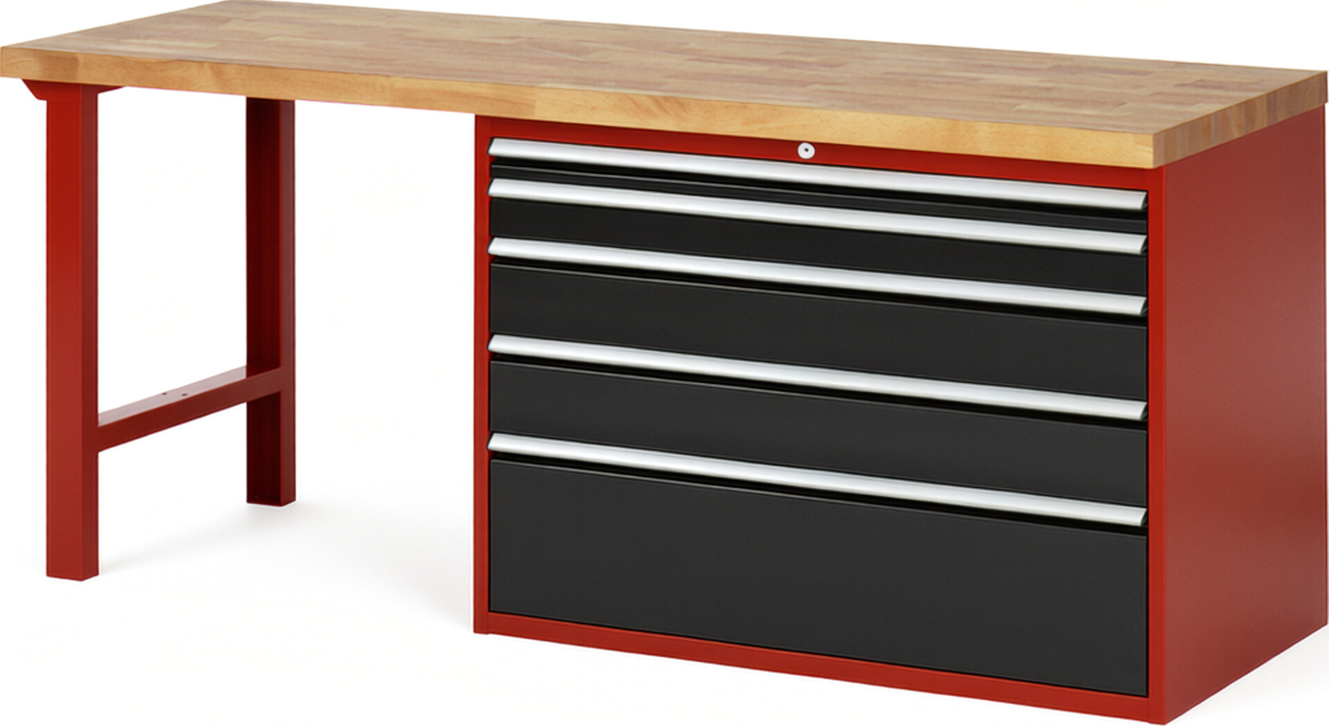 Werkbank Modell 7711 rot - schwarz, BxTxH 2000x700x890 mm,  Buche-Massiv Arbeitsplatte 40 mm,  5 Schubladen mit  Auszug 90 %