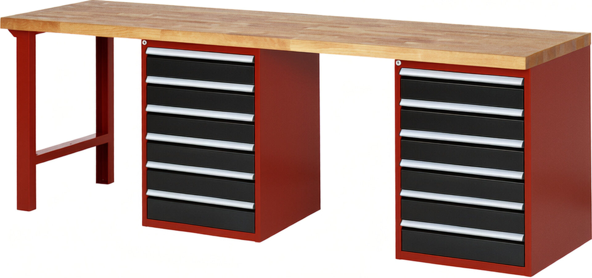 Werkbank Modell 7516 rot - schwarz, BxTxH 2500x700x840 mm,  Buche-Massiv Arbeitsplatte 40 mm,  12 Schubladen mit  Vollauszug 100 % und  SoftClosing