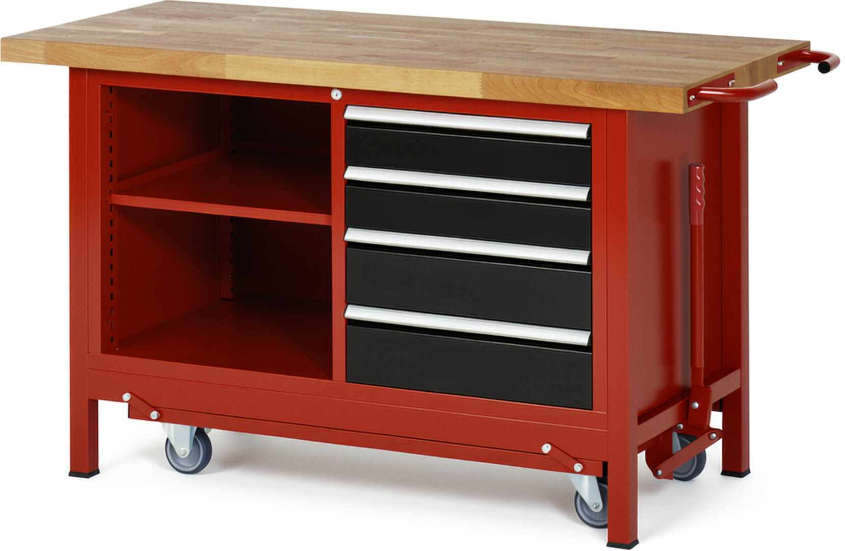 Absenkbare Werkbank Modell 8463 rot - schwarz, BxTxH 1500x700x880 mm,  Buche-Massiv Arbeitsplatte 40 mm,  4 Schubladen mit  Vollauszug 100 % und  SoftClosing