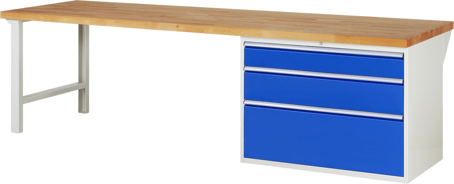 Werkbank Modell 7708 rot - schwarz, BxTxH 3000x900x890 mm,  Buche-Massiv Arbeitsplatte 40 mm,  3 Schubladen mit  Vollauszug 100 % und  SoftClosing