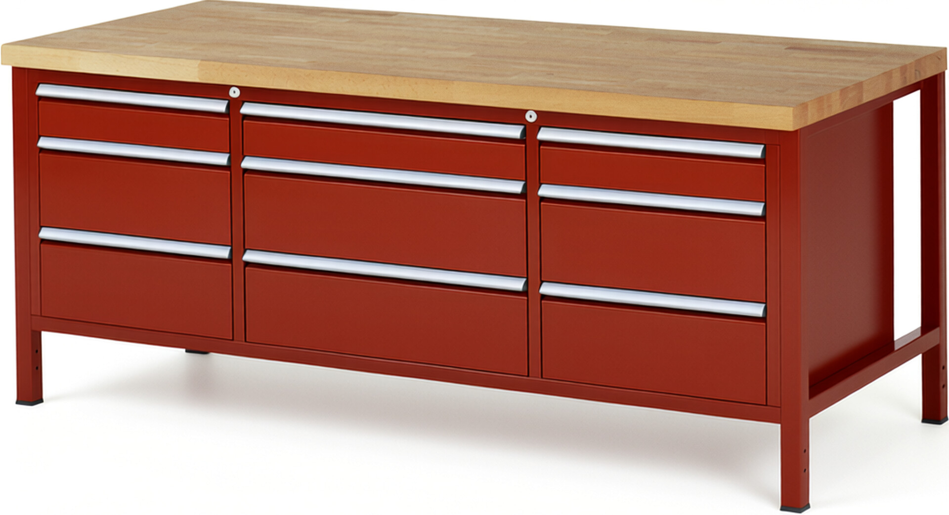 Werkbank Modell 8753 rot, BxTxH 2000x900x840 mm,  Buche-Massiv Arbeitsplatte 40 mm,  9 Schubladen mit  Auszug 90 %