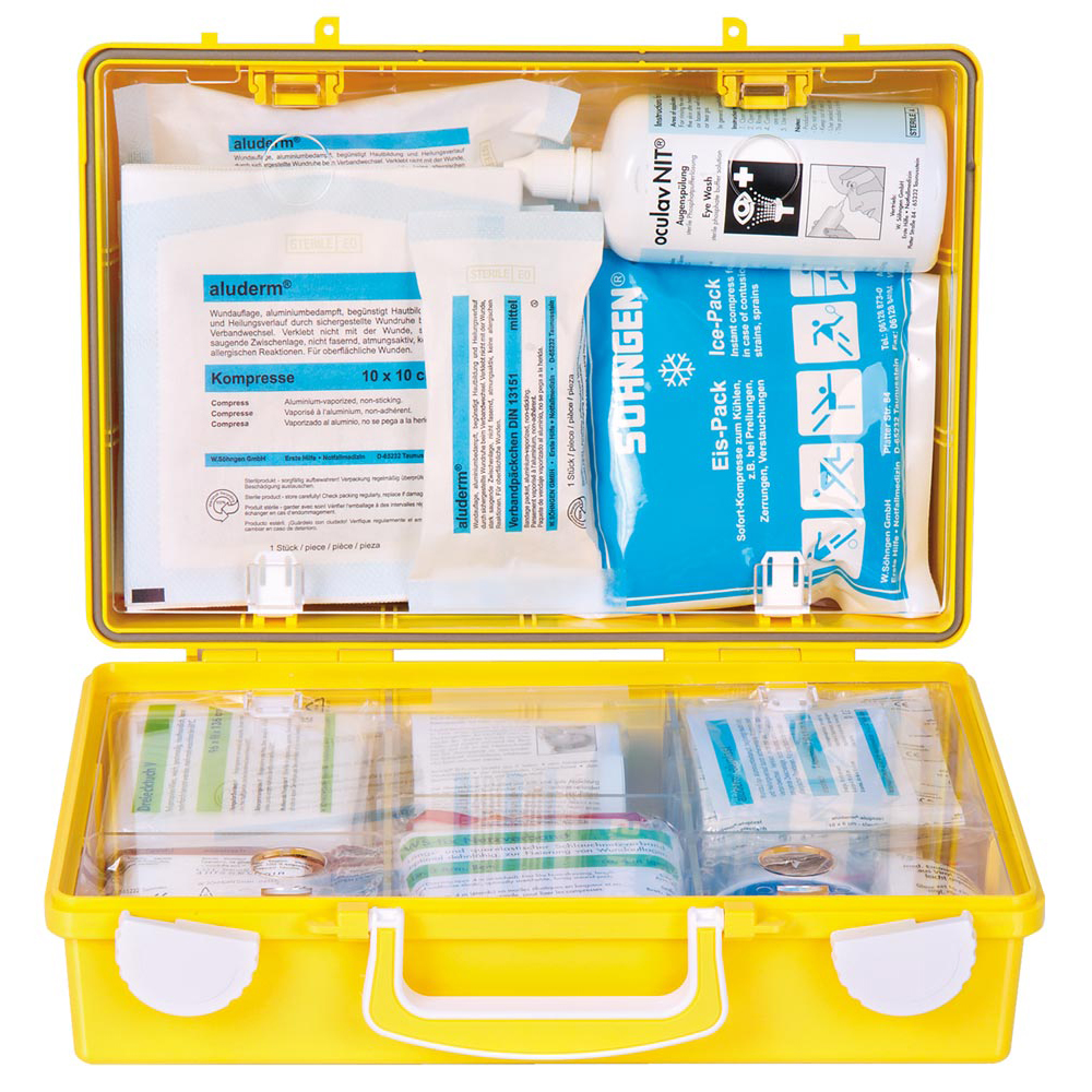 Betriebsverbandkasten Erste-Hilfe Extra+Handwerk, nach DIN 13157, leuchtgelb mit signalrot