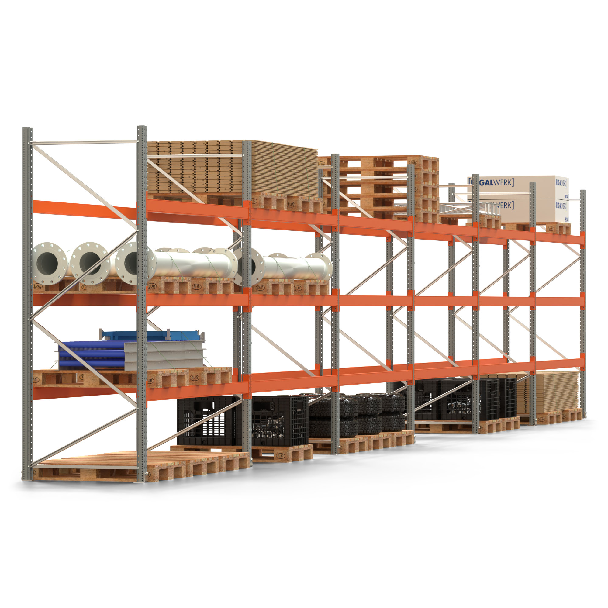 Palettenregal ARTUS - Breite 1679,5 cm - Höhe 300 cm - Tiefe 110 cm - 3 Träger-Ebenen - Fachlast 2000 kg - 72 Palettenstellplätze