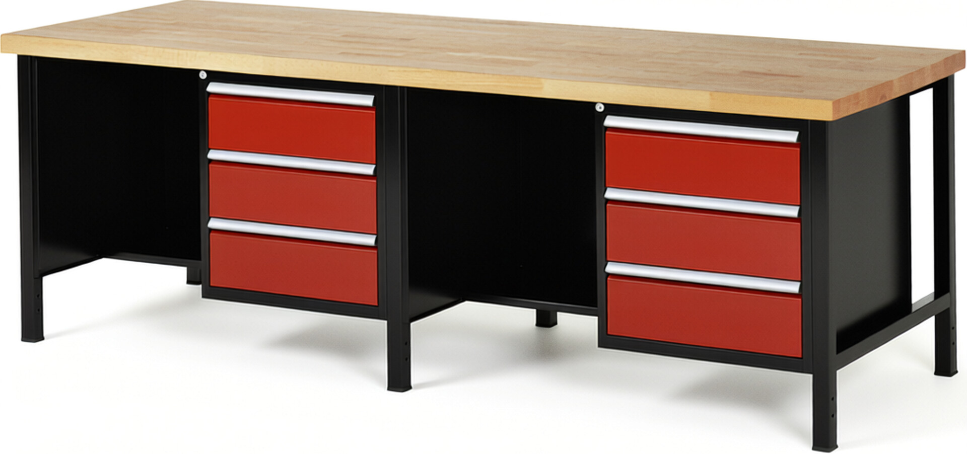 RAU Werkbank schwarz - rot - Breite 250 cm - Tiefe 90 cm - Höhe 104 cm - Buche-Massiv Arbeitsplatte 40 mm