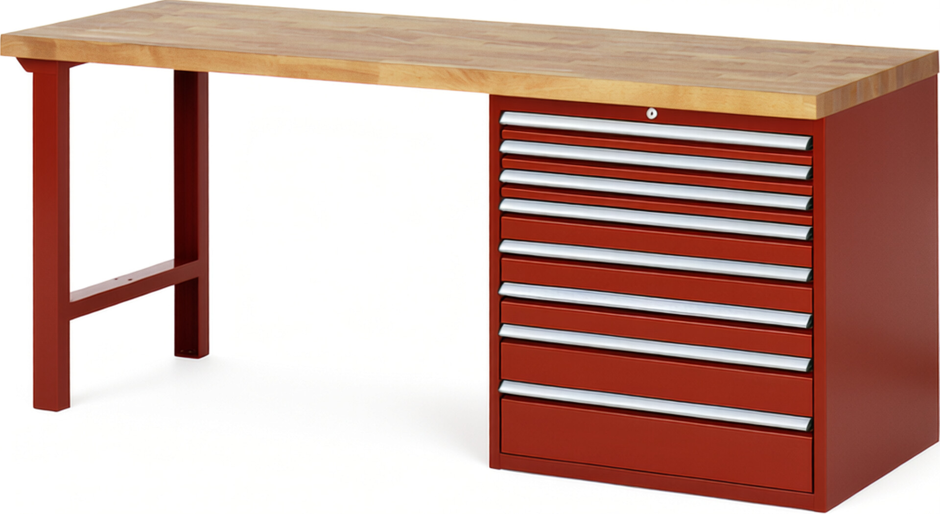 RAU Werkbank rot - Breite 200 cm - Tiefe 70 cm - Höhe 84 cm - Buche-Massiv Arbeitsplatte 40 mm