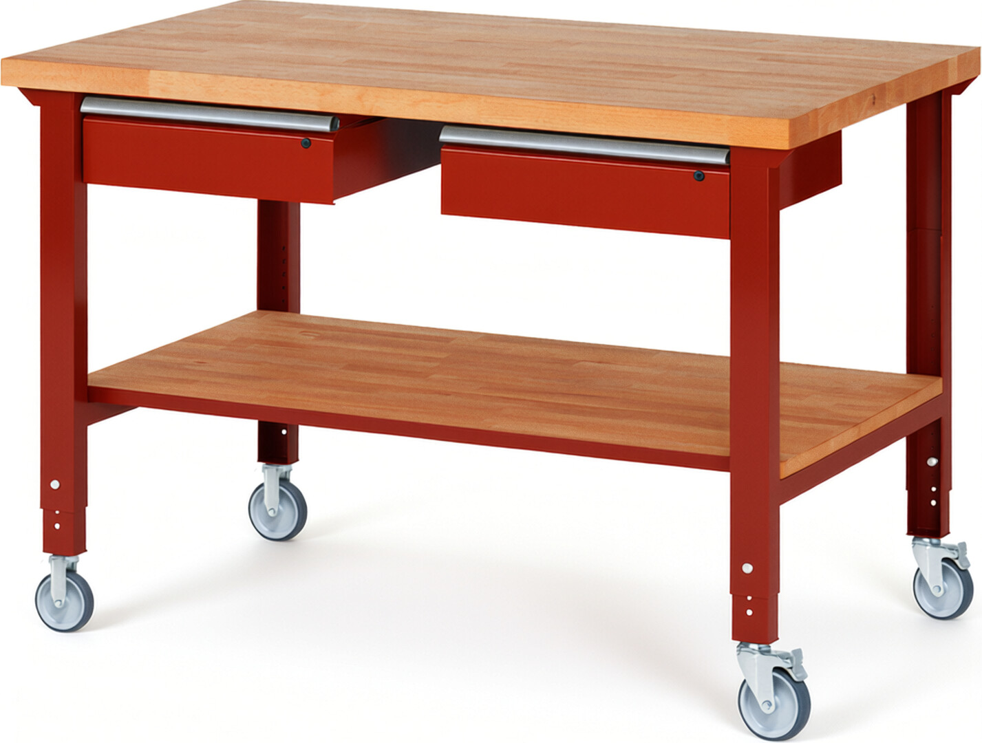 Fahrbare Werkbank Modell 7002 rot, BxTxH 1500x900x950-1000 mm,  Buche-Massiv Arbeitsplatte 40 mm,  2 Schubladen mit  Auszug 90 %