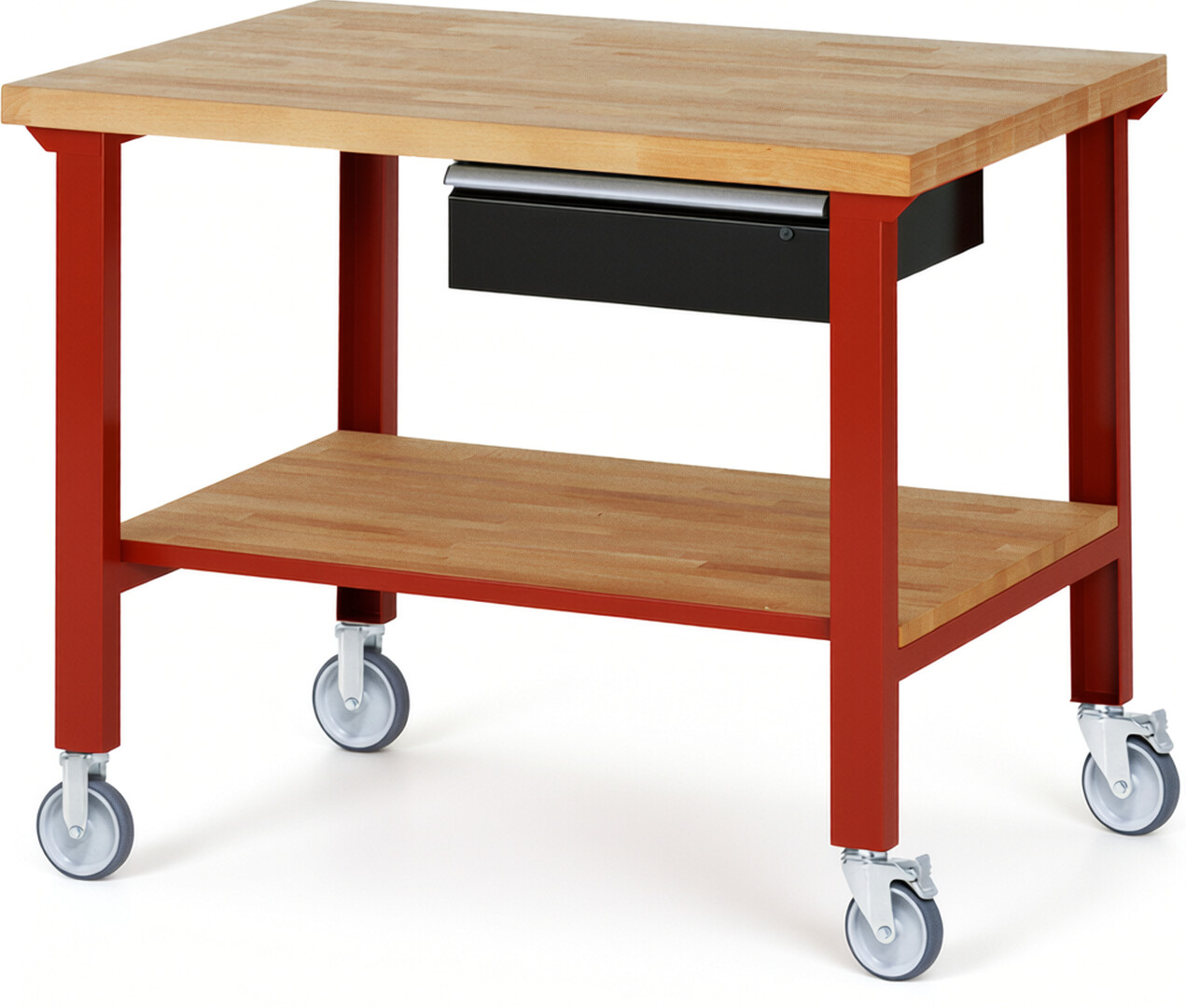 Fahrbare Werkbank Modell 7001 rot - schwarz, BxTxH 1250x900x1000 mm,  Buche-Massiv Arbeitsplatte 40 mm,  1 Schublade mit  Auszug 90 %