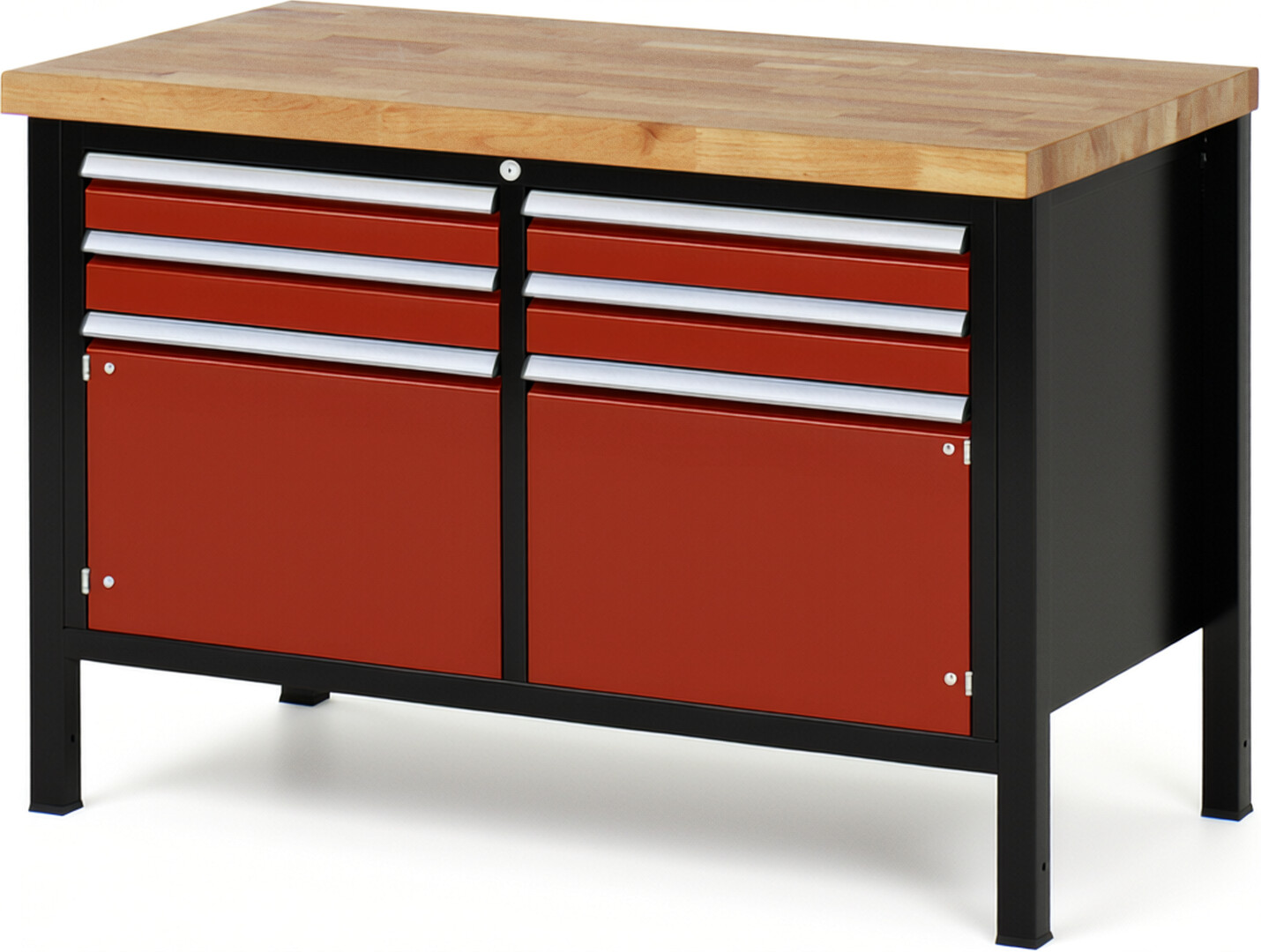 RAU Werkbank schwarz - rot - Breite 125 cm - Tiefe 70 cm - Höhe 84 cm - Buche-Massiv Arbeitsplatte 40 mm