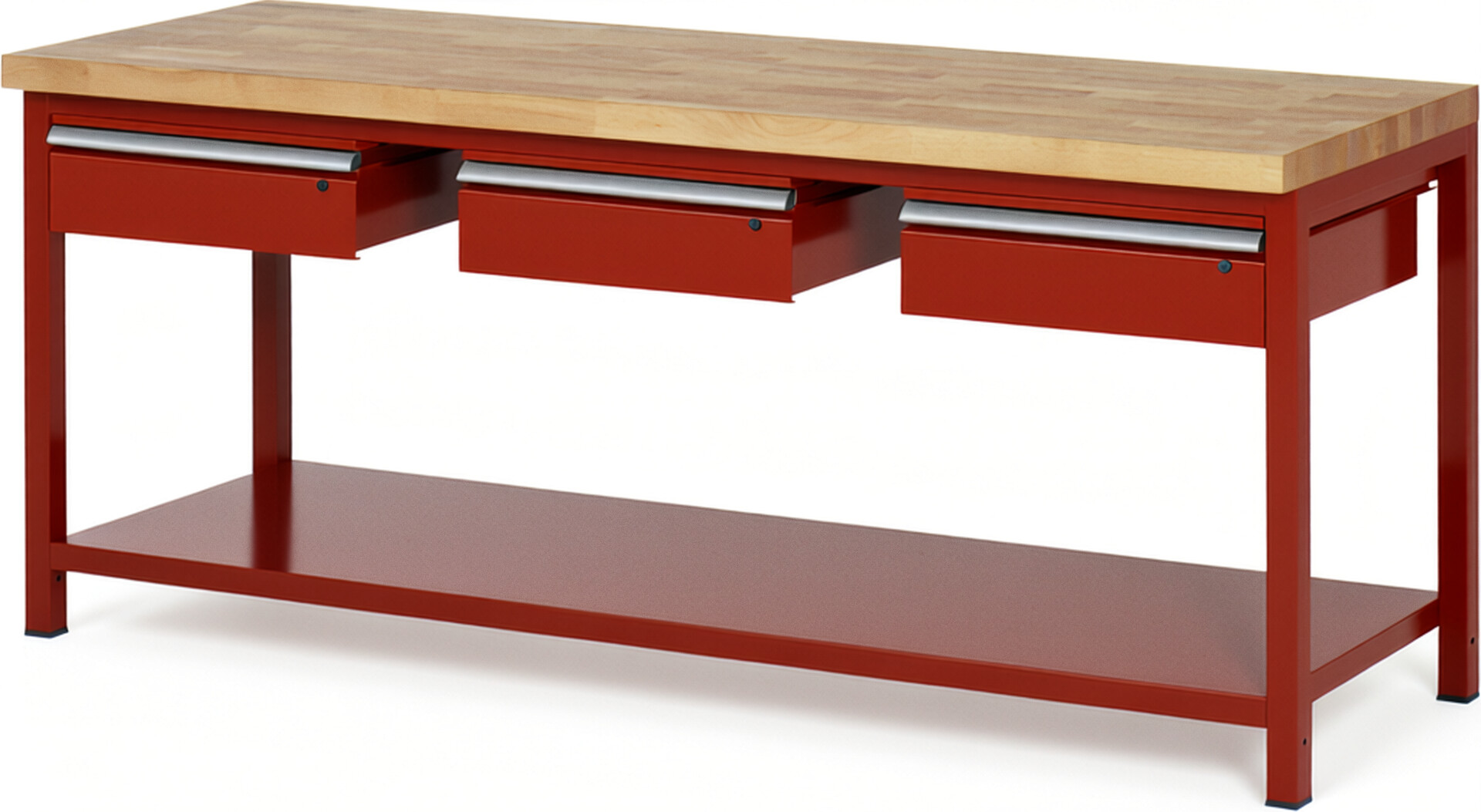 Werkbank Modell 8003 rot, BxTxH 2000x700x840-1040 mm,  Buche-Massiv Arbeitsplatte 40 mm,  3 Schubladen mit  Auszug 90 %