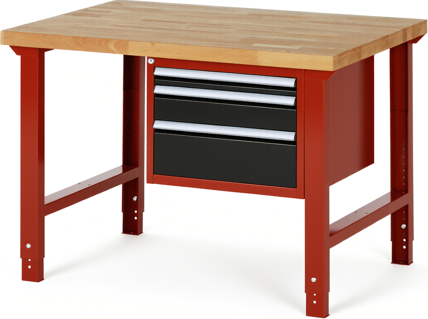 Werkbank Modell 7126 rot - schwarz, BxTxH 1250x900x790-1140 mm,  Buche-Massiv Arbeitsplatte 40 mm,  3 Schubladen mit  Vollauszug 100 % und  SoftClosing