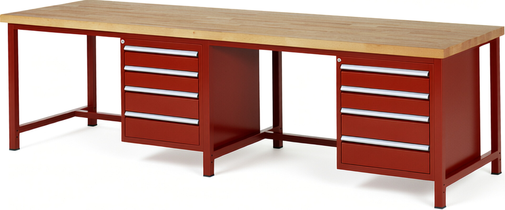 Werkbank Modell 8162 rot, BxTxH 3000x900x840-1040 mm,  Buche-Massiv Arbeitsplatte 40 mm,  8 Schubladen mit  Auszug 90 %