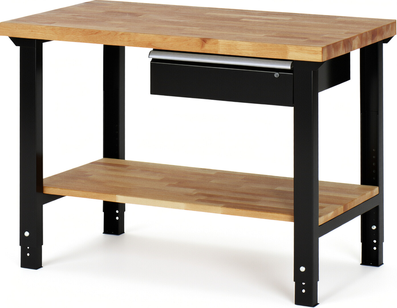 Werkbank Modell 7001 schwarz, BxTxH 1250x700x790-1140 mm,  Buche-Massiv Arbeitsplatte 40 mm,  1 Schublade mit  Auszug 90 %