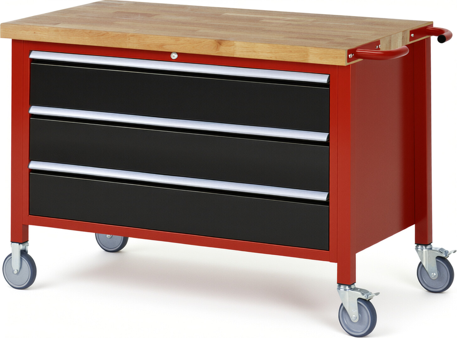 Fahrbare Werkbank Modell 8357 rot - schwarz, BxTxH 1250x700x880 mm,  Buche-Massiv Arbeitsplatte 40 mm,  3 Schubladen mit  Vollauszug 100 % und  SoftClosing