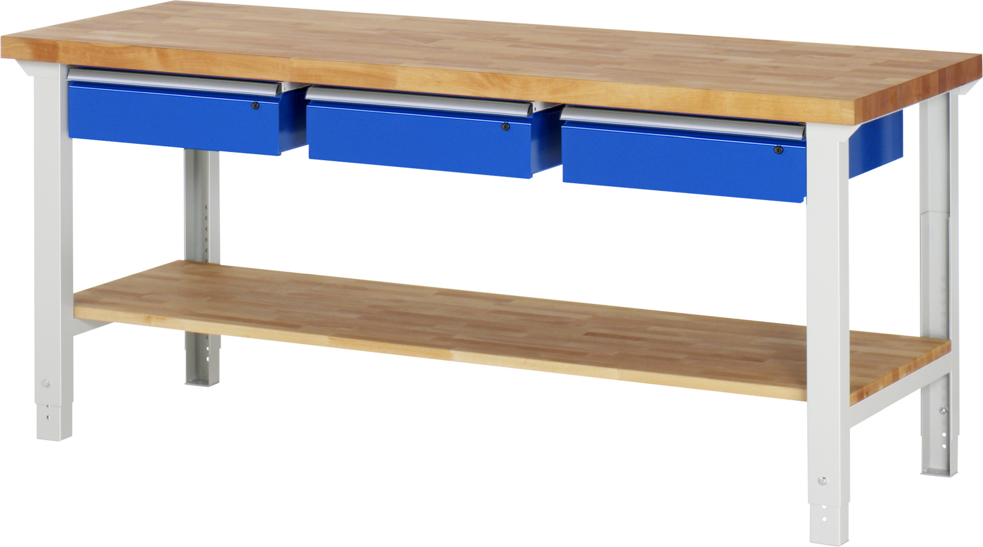 Werkbank Modell 7003 rot - schwarz, BxTxH 2000x700x790-1140 mm,  Buche-Massiv Arbeitsplatte 40 mm,  3 Schubladen mit  Auszug 90 %