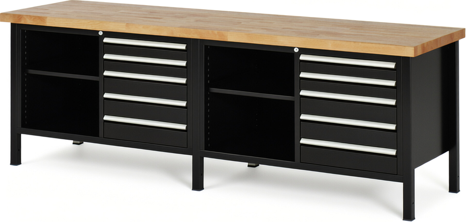 Werkbank Modell 8464 schwarz, BxTxH 2500x700x840 mm,  Buche-Massiv Arbeitsplatte 40 mm,  10 Schubladen mit  Vollauszug 100 % und  SoftClosing