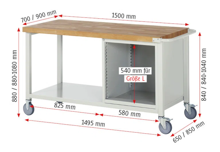 Fahrbare Werkbank Modell 8171,  BxTxH 1500x900x880-1080 mm,  Buche-Massiv Arbeitsplatte 40 mm,  5 Schubladen mit  Auszug 90 %