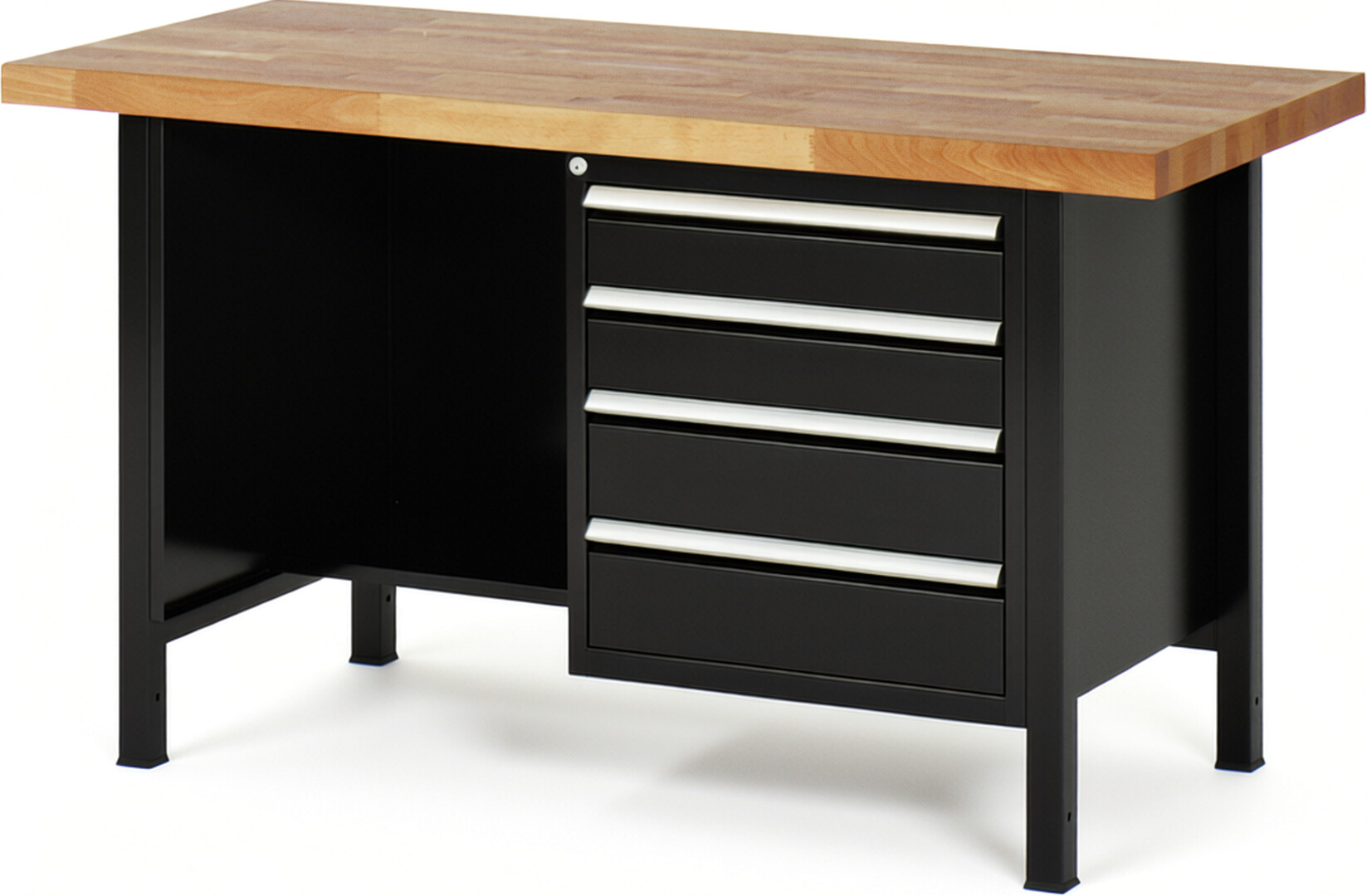 Werkbank Modell 8453 schwarz, BxTxH 1500x700x840 mm,  Buche-Massiv Arbeitsplatte 40 mm,  4 Schubladen mit  Vollauszug 100 % und  SoftClosing