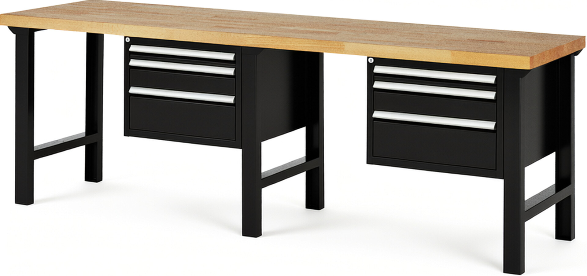 Werkbank Modell 7126 schwarz, BxTxH 2500x700x840 mm,  Buche-Massiv Arbeitsplatte 40 mm,  6 Schubladen mit  Vollauszug 100 % und  SoftClosing