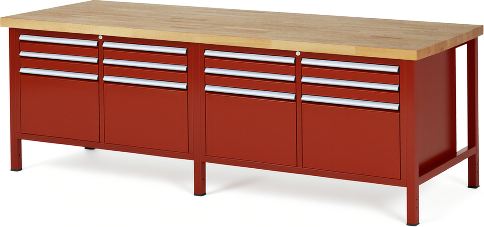 Werkbank Modell 8474 rot, BxTxH 2500x900x840 mm,  Buche-Massiv Arbeitsplatte 40 mm,  12 Schubladen mit  Vollauszug 100 % und  SoftClosing