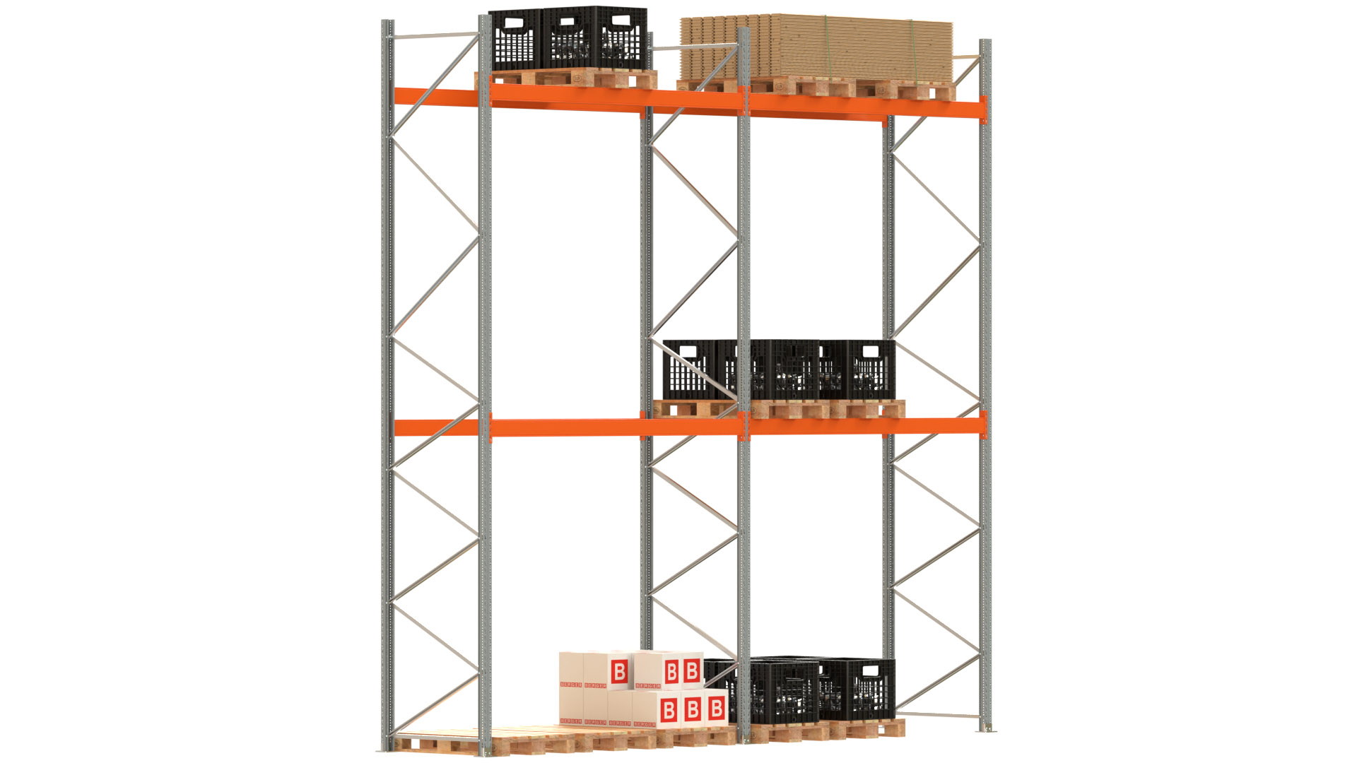 Palettenregal ARTUS - Breite 565,5 cm - Höhe 550 cm - Tiefe 110 cm - 2 Träger-Ebenen - Fachlast 3000 kg - 18 Palettenstellplätze