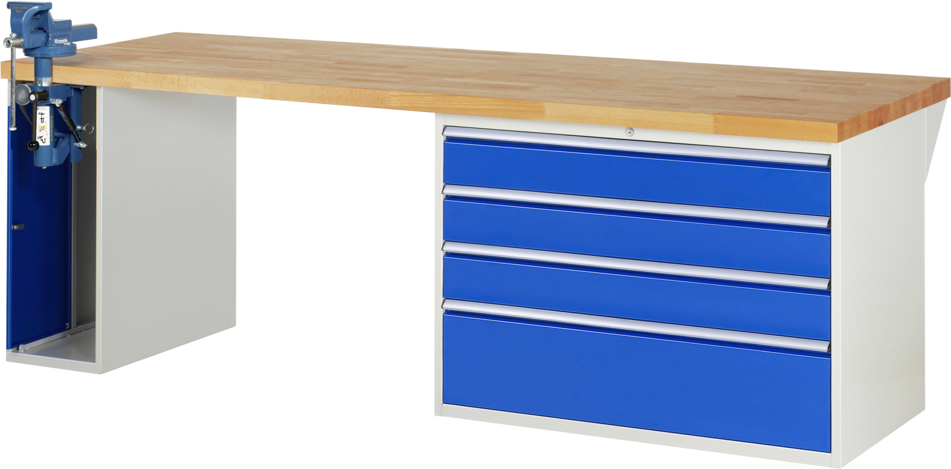 Werkbank Modell 7710 rot - schwarz, BxTxH 2500x900x890 mm,  Buche-Massiv Arbeitsplatte 40 mm,  4 Schubladen mit  Vollauszug 100 % und  SoftClosing