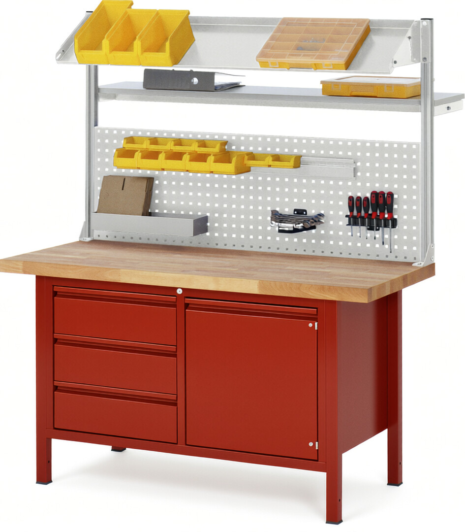 Werkbank - Modell 8468 BASIC rot, BxTxH 1500x700x840 mm,  Buche-Massiv Arbeitsplatte 40 mm,  3 Schubladen mit  Auszug 90 %
