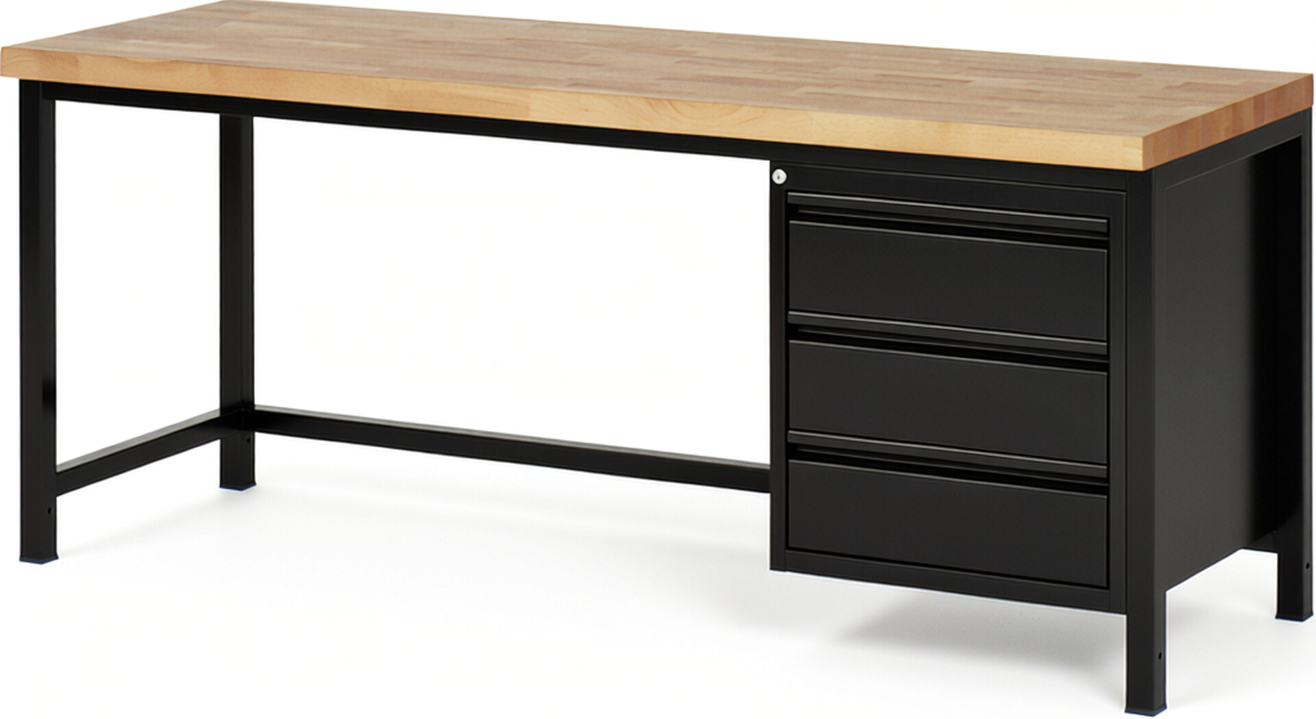 Werkbank schwarz, BxTxH 2000x700x840-1040 mm, Platte Buche 40 mm, 6 Schubladen: 3x90 mm, 3x150 mm, RAL 9011/9011