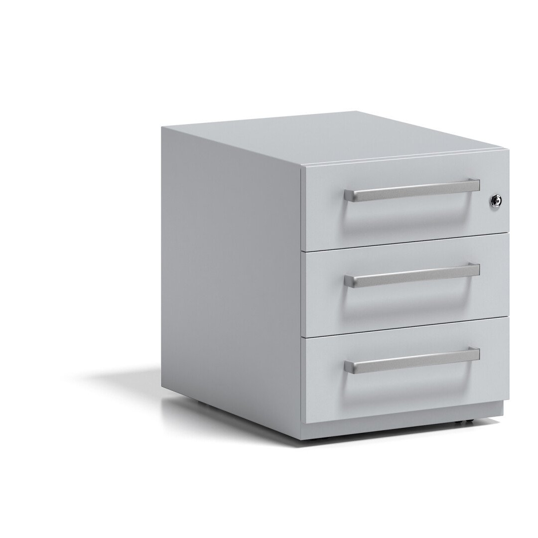Rollcontainer, BxTxH 420x565x495 mm, 3 Schubladen, Designgriff, silber