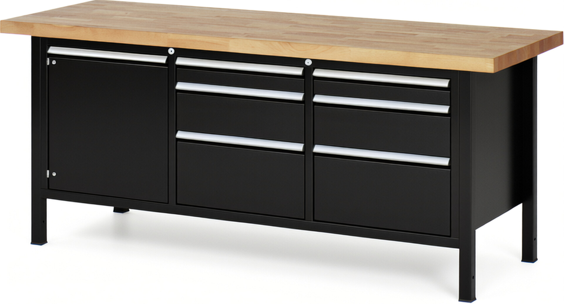 Werkbank Modell 8570 schwarz, BxTxH 2000x700x840-1040 mm,  Buche-Massiv Arbeitsplatte 40 mm,  6 Schubladen mit  Auszug 90 %