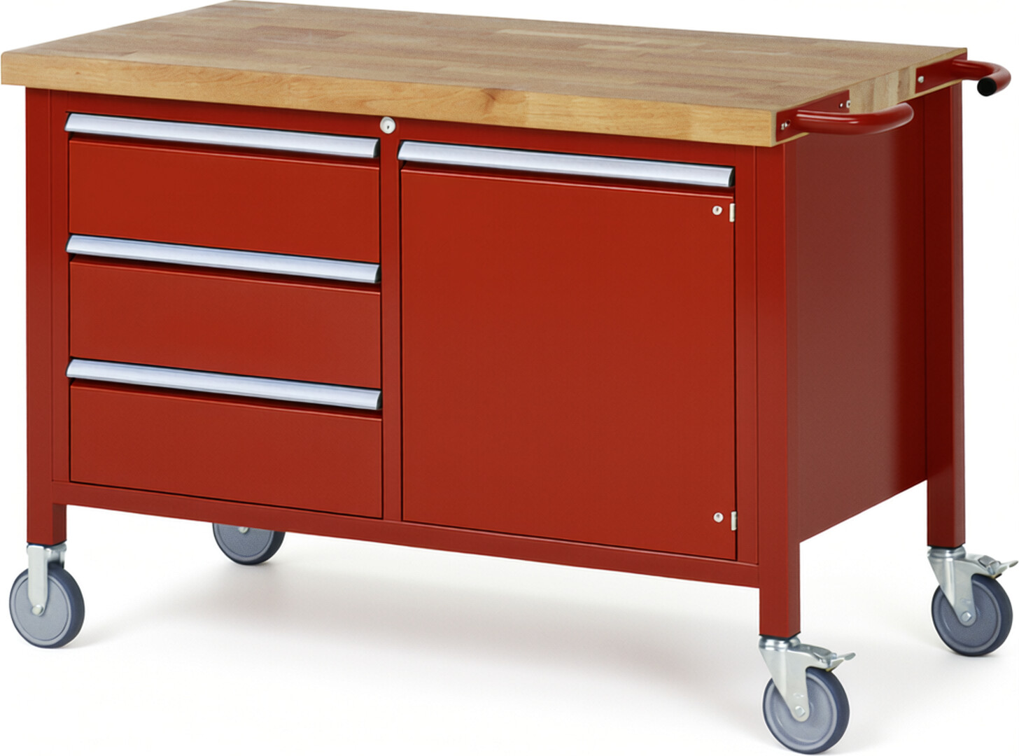 Fahrbare Werkbank Modell 8468 rot, BxTxH 1250x700x880 mm,  Buche-Massiv Arbeitsplatte 40 mm,  3 Schubladen mit  Auszug 90 %
