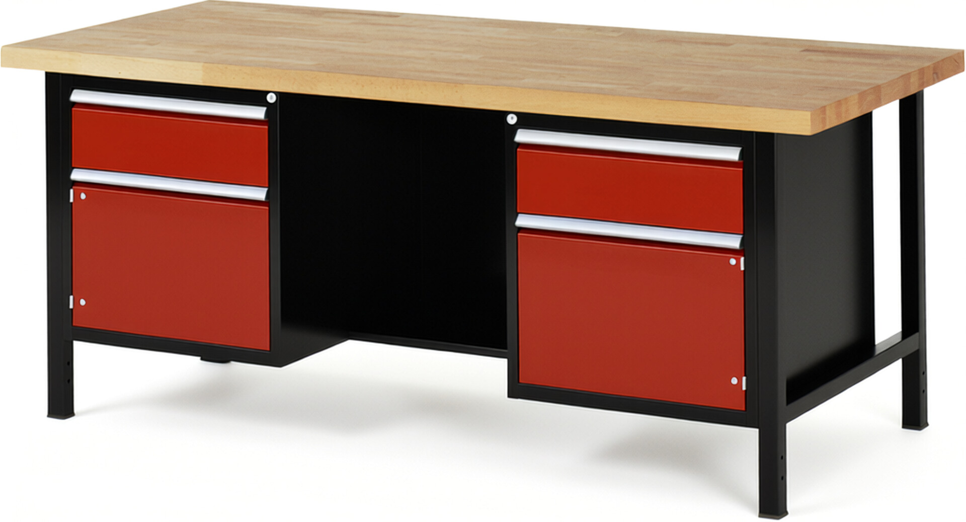 RAU Werkbank schwarz - rot - Breite 200 cm - Tiefe 90 cm - Höhe 104 cm - Buche-Massiv Arbeitsplatte 40 mm