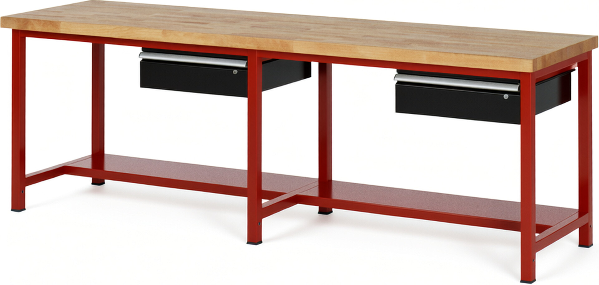 Werkbank Modell 8001 rot - schwarz, BxTxH 2500x900x840-1040 mm,  Buche-Massiv Arbeitsplatte 40 mm,  2 Schubladen mit  Auszug 90 %