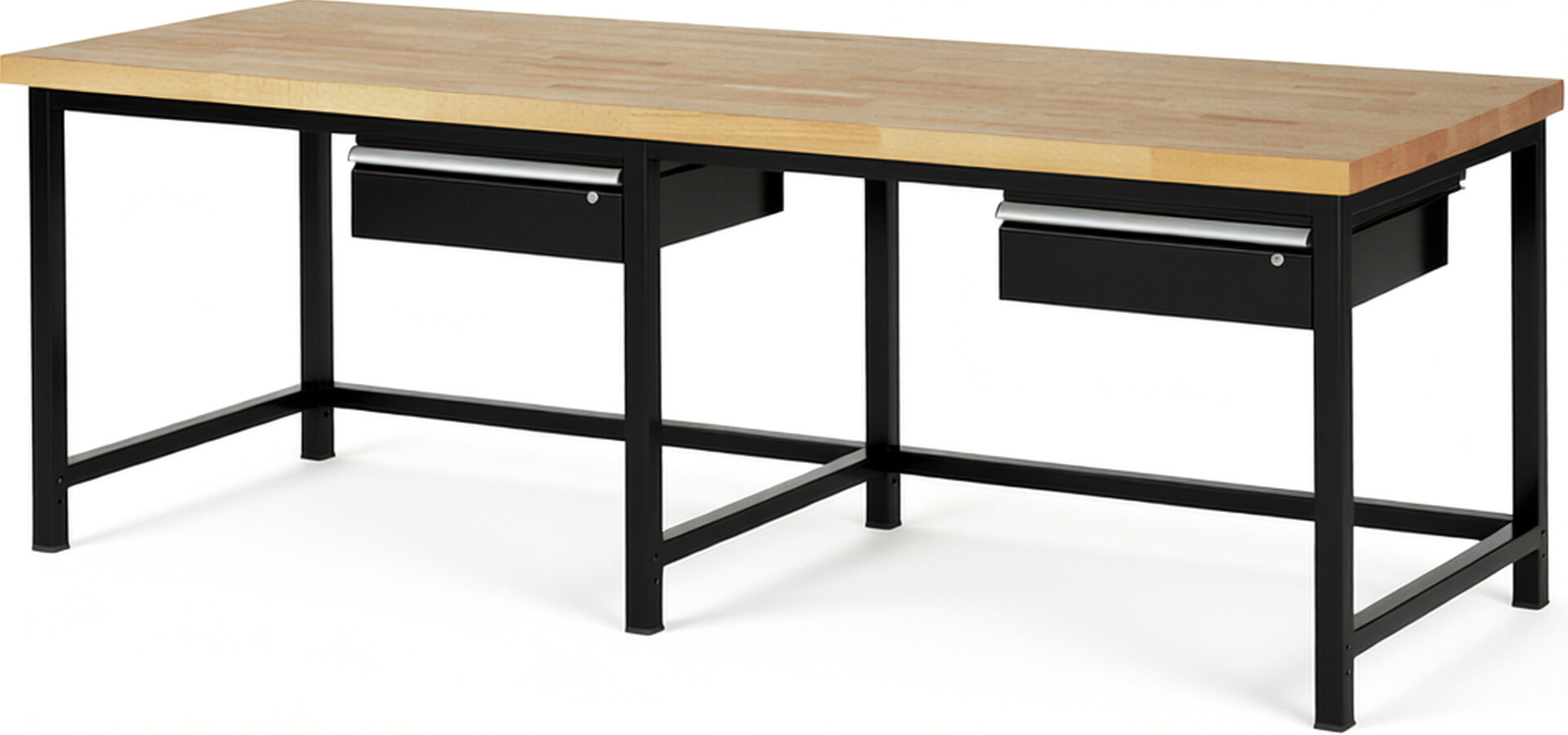 Werkbank Modell 8001 schwarz, BxTxH 2500x900x840-1040 mm,  Buche-Massiv Arbeitsplatte 40 mm,  2 Schubladen mit  Auszug 90 %