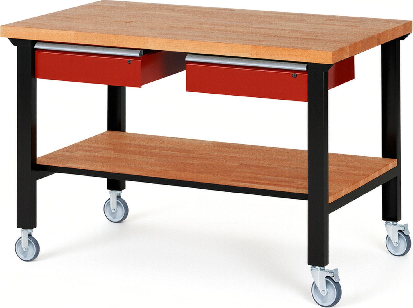 RAU Werkbank schwarz - rot - Breite 150 cm - Tiefe 90 cm - Höhe 100 cm - Buche-Massiv Arbeitsplatte 40 mm