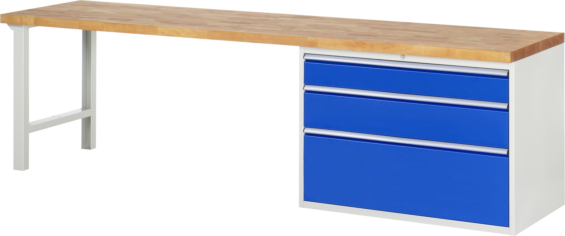 Werkbank Modell 7708 rot - schwarz, BxTxH 3000x700x890 mm,  Buche-Massiv Arbeitsplatte 40 mm,  3 Schubladen mit  Auszug 90 %