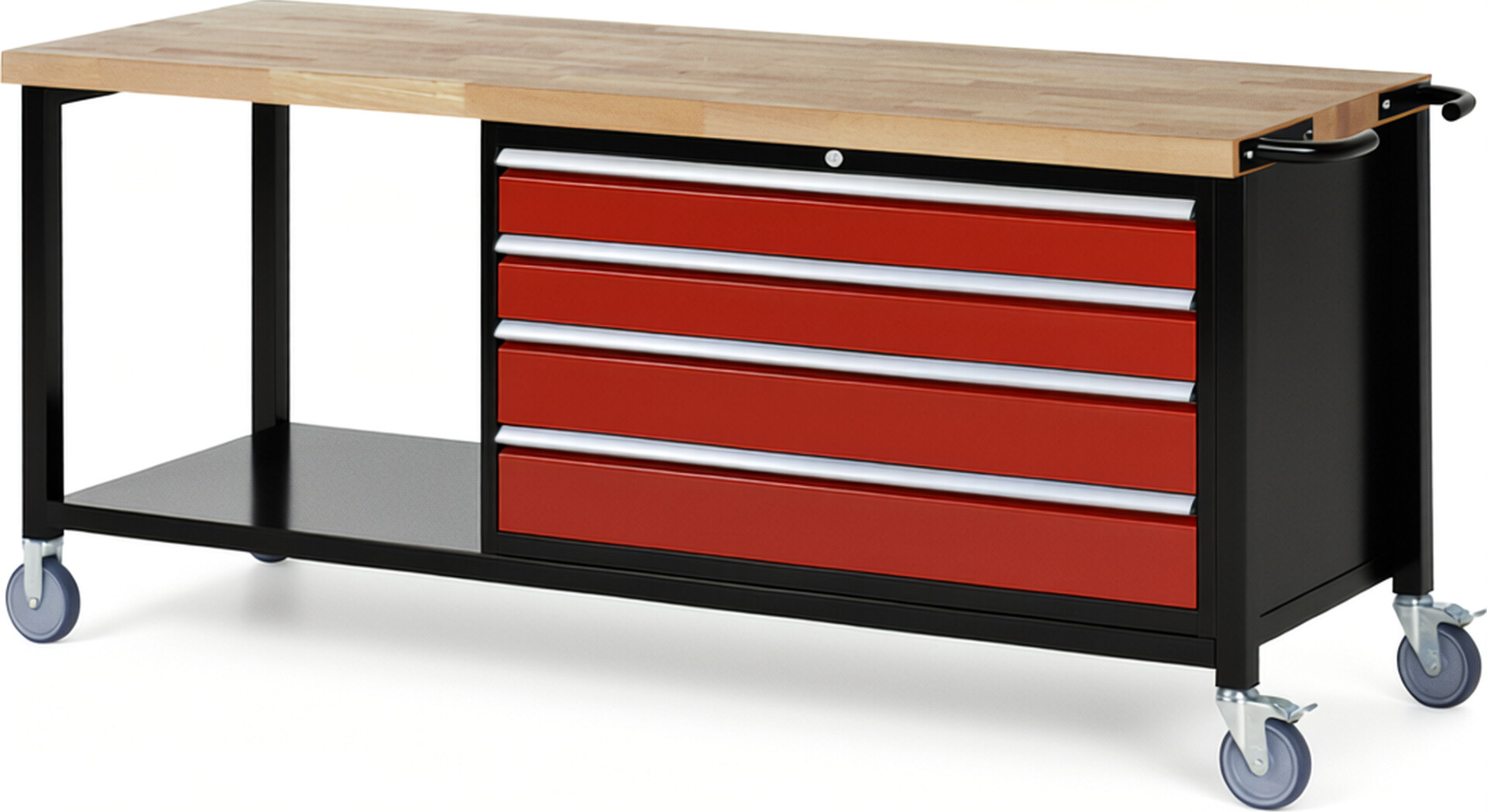 RAU Werkbank schwarz - rot - Breite 200 cm - Tiefe 70 cm - Höhe 108 cm - Buche-Massiv Arbeitsplatte 40 mm