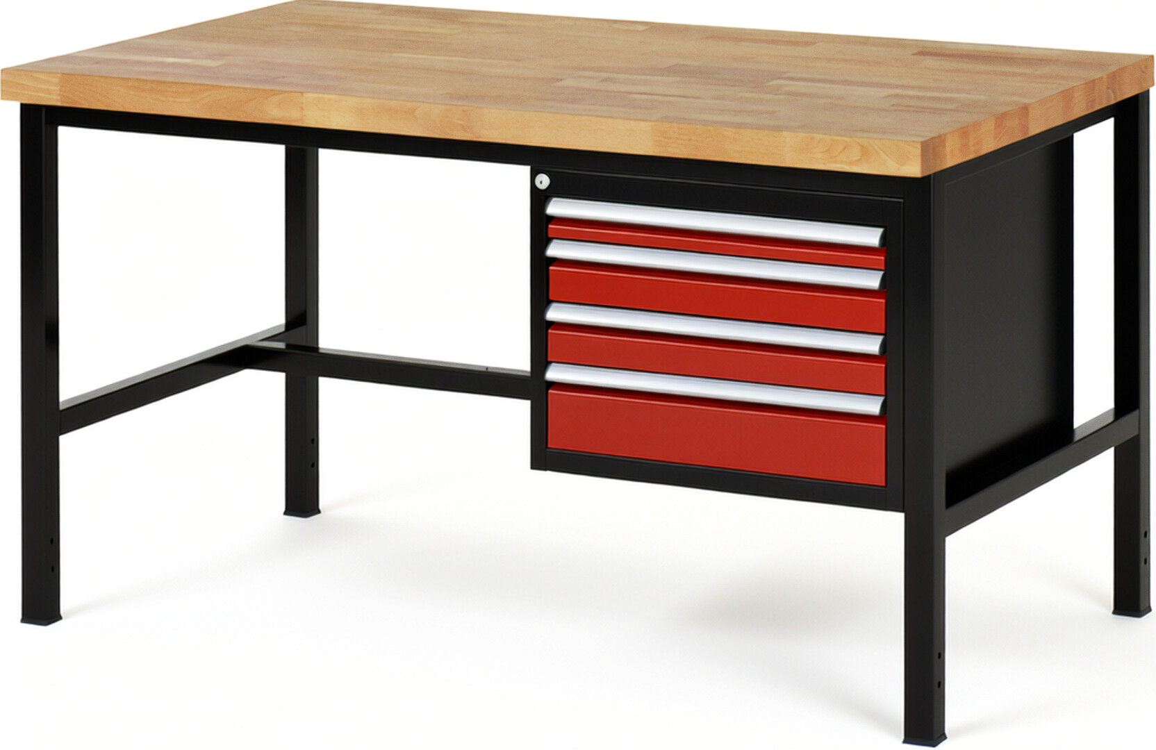 RAU Werkbank schwarz - rot - Breite 150 cm - Tiefe 90 cm - Höhe 84 cm - Buche-Massiv Arbeitsplatte 40 mm